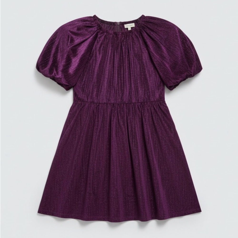 Entro Purple Metallic Shimmer Puff Sleeve Pleated‎ Babydoll Mini Dress Large NWT